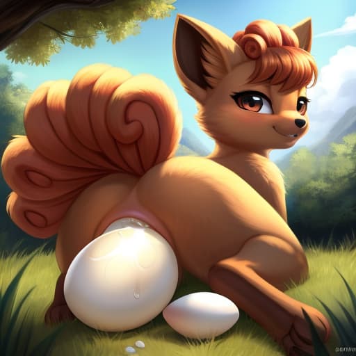  Vulpix, egg in ass, anal oviposition, view from behind,, open eyes, digital art, masterpiece, 4k, fine details,