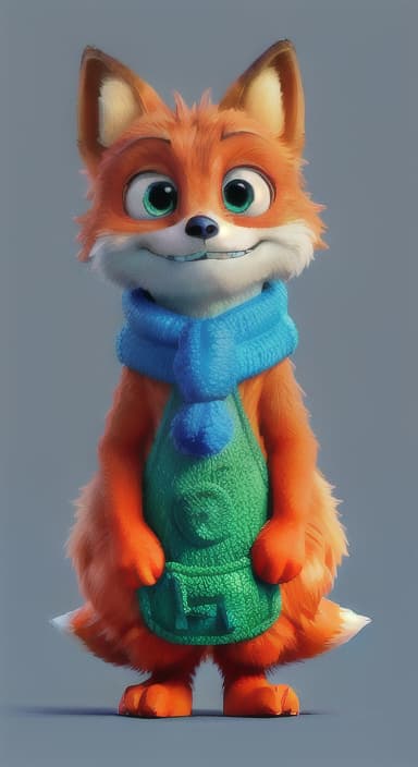  {Error the fox pressing the blue button with his paw, looking puzzled as nothing occurs., Error is a small, bright orange fox with a fluffy tail and big, inquisitive eyes. He has a mischievous yet kind expression and wears a tiny green scarf.