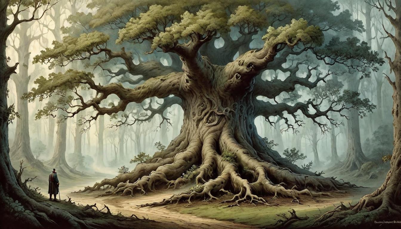  on parchment, surrealism+++, A steadfast oak tree, roots deep and wide, standing tall in a forest where other trees have twisted or fallen, symbol of unwavering principles, strength enduring(mysterious, provocative, symbolic,muted color)+++