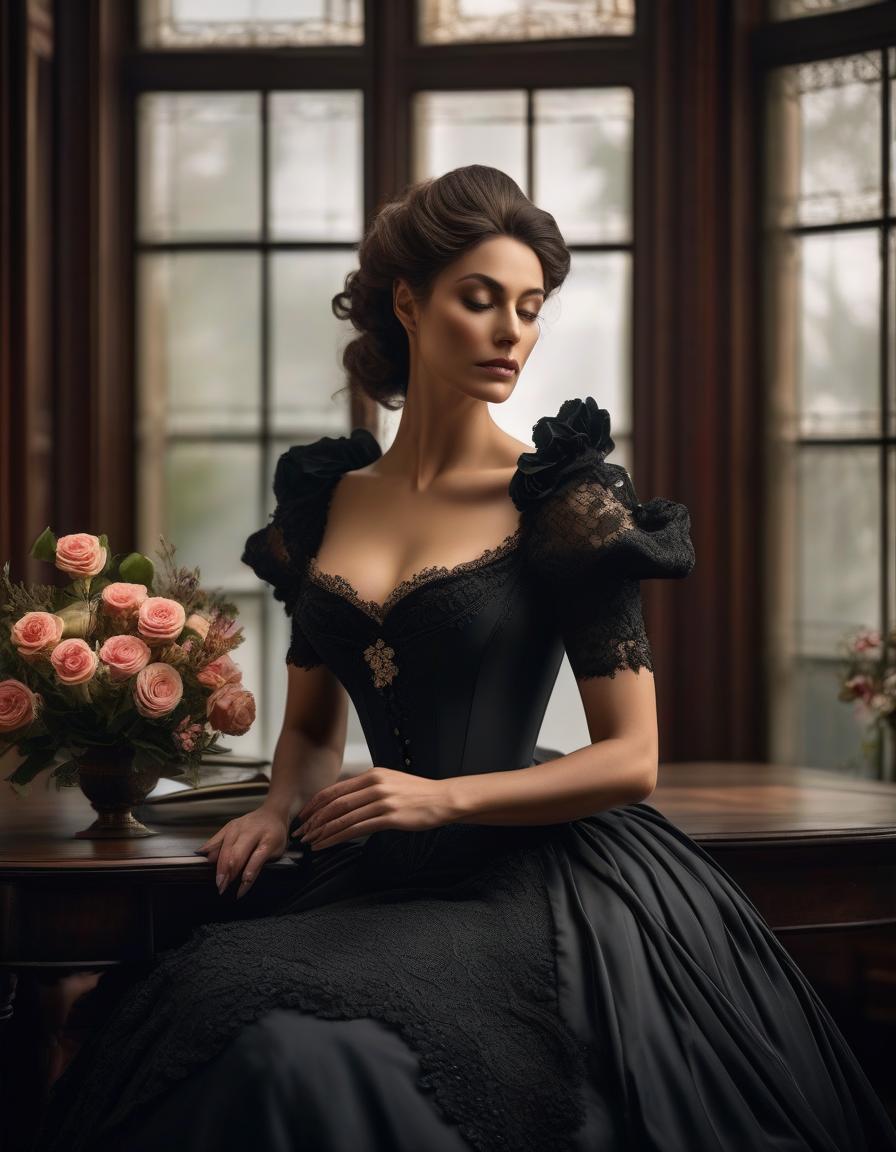  A Victorian beauty in mourning, in a black dress, is sitting at a table slightly away from it, with a bouquet of black aurans. A bouquet of roses on the table. (1870s) hyperrealistic, full body, detailed clothing, highly detailed, cinematic lighting, stunningly beautiful, intricate, sharp focus, f/1. 8, 85mm, (centered image composition), (professionally color graded), ((bright soft diffused light)), volumetric fog, trending on instagram, trending on tumblr, HDR 4K, 8K