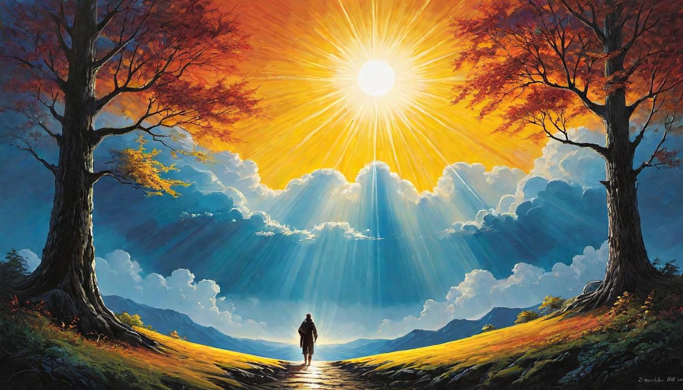  （surrealism)People emerging from darkness into bright, warm sunlight, faces showing relief and joy, sun rays cascading down, illuminating the path forward, vibrant colors symbolizing renewal, rebirth, and new beginnings mystic, intricate details, best quality)