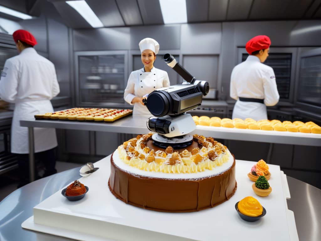  A photorealistic image of a modern pastry kitchen bustling with activity, featuring a humanoid robot chef working alongside a human pastry chef. The robot chef is meticulously decorating an elaborate cake with precision and skill, while the human chef looks on with a mix of curiosity and admiration. The kitchen is filled with hightech equipment and colorful ingredients, creating a dynamic and futuristic scene that captures the essence of the article's exploration of the relationship between pastry chefs and baking robots. hyperrealistic, full body, detailed clothing, highly detailed, cinematic lighting, stunningly beautiful, intricate, sharp focus, f/1. 8, 85mm, (centered image composition), (professionally color graded), ((bright soft diffused light)), volumetric fog, trending on instagram, trending on tumblr, HDR 4K, 8K