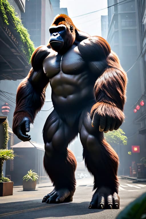  A female blonde King Kong giant ape hyperrealistic, full body, detailed clothing, highly detailed, cinematic lighting, stunningly beautiful, intricate, sharp focus, f/1. 8, 85mm, (centered image composition), (professionally color graded), ((bright soft diffused light)), volumetric fog, trending on instagram, trending on tumblr, HDR 4K, 8K