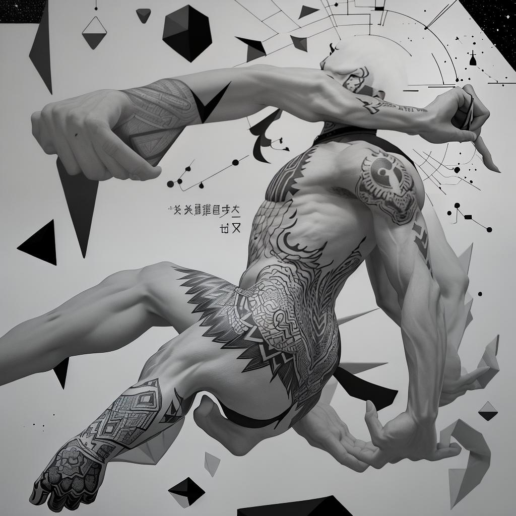  masterpiece, best quality, Geometric back tattoo. black and Grey. Midle there is falling man. man in horisont hold his arm staight. Falling man is under the hand. Geometric lines and dots. Some small text and numbers. Couple of planets and bird.wery bottom of tattoo Abstrac drawing of human held his head