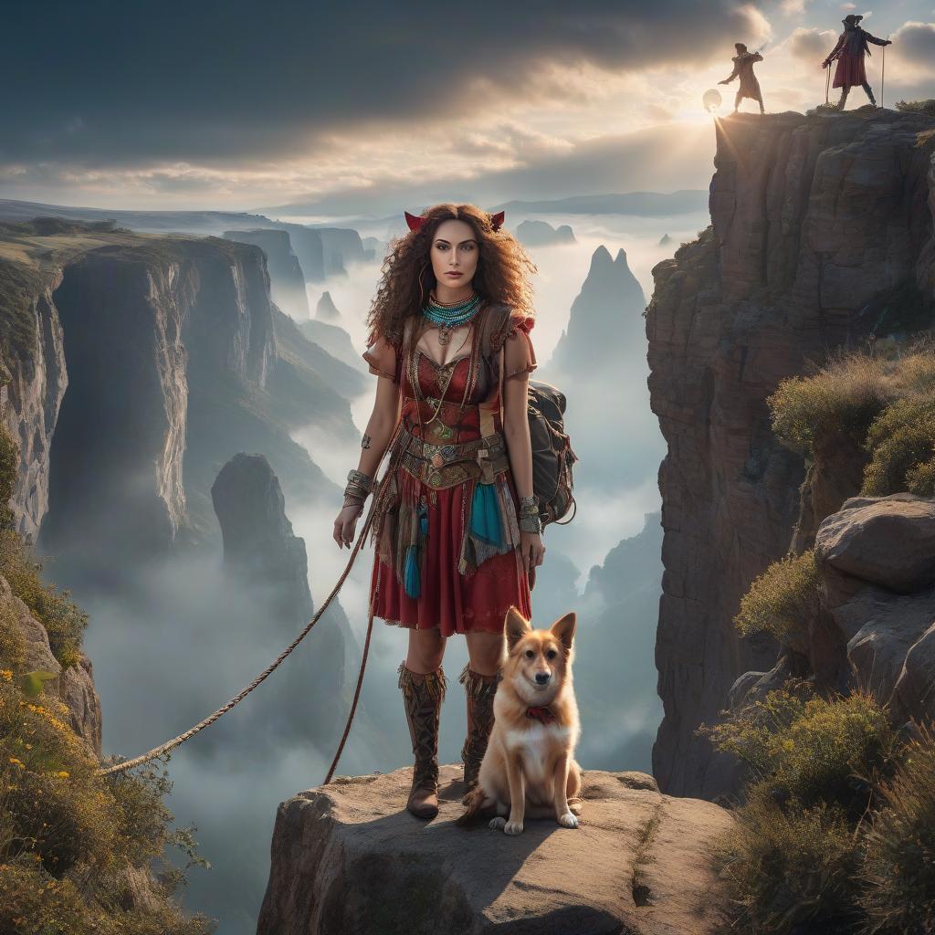  The Fool Tarot Card. A girl dressed as a jester is standing on the edge of a cliff. The girl is looking at the camera. In front of her, three tightrope bridges stretch across in different directions over the abyss. She has a backpack with her. A small dog is next to the girl. The sun is shining. hyperrealistic, full body, detailed clothing, highly detailed, cinematic lighting, stunningly beautiful, intricate, sharp focus, f/1. 8, 85mm, (centered image composition), (professionally color graded), ((bright soft diffused light)), volumetric fog, trending on instagram, trending on tumblr, HDR 4K, 8K