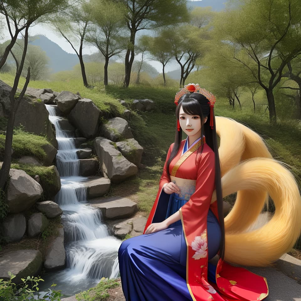  Chinese fairy style, girl, ancient people, occupation: nine tailed fox, monster, Hanfu