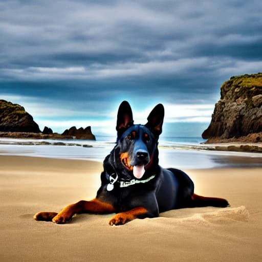  dog in beach hyperrealistic, full body, detailed clothing, highly detailed, cinematic lighting, stunningly beautiful, intricate, sharp focus, f/1. 8, 85mm, (centered image composition), (professionally color graded), ((bright soft diffused light)), volumetric fog, trending on instagram, trending on tumblr, HDR 4K, 8K