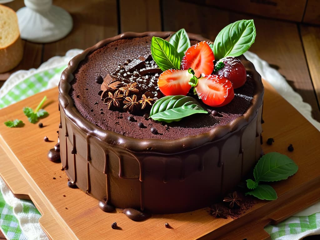  A closeup, photorealistic image of a decadent chocolate cake topped with delicate, vibrant green basil leaves and a sprinkle of pink peppercorns. The cake is sitting on a rustic wooden table, with a soft, diffused light casting gentle shadows, highlighting the intricate details of the glossy ganache and the fresh, aromatic herbs. The rich colors and textures create a visually stunning and appetizing composition, inviting the viewer to explore the unexpected combination of spices and herbs in desserts. hyperrealistic, full body, detailed clothing, highly detailed, cinematic lighting, stunningly beautiful, intricate, sharp focus, f/1. 8, 85mm, (centered image composition), (professionally color graded), ((bright soft diffused light)), volumetric fog, trending on instagram, trending on tumblr, HDR 4K, 8K