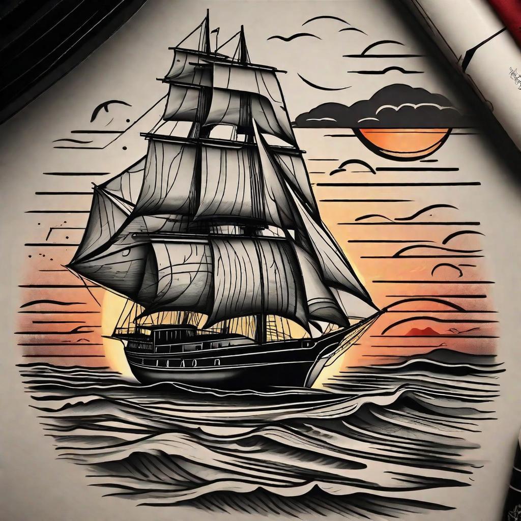  masterpiece, best quality, Black and grey style tattoo of a sailboat. Place a sunset in the background