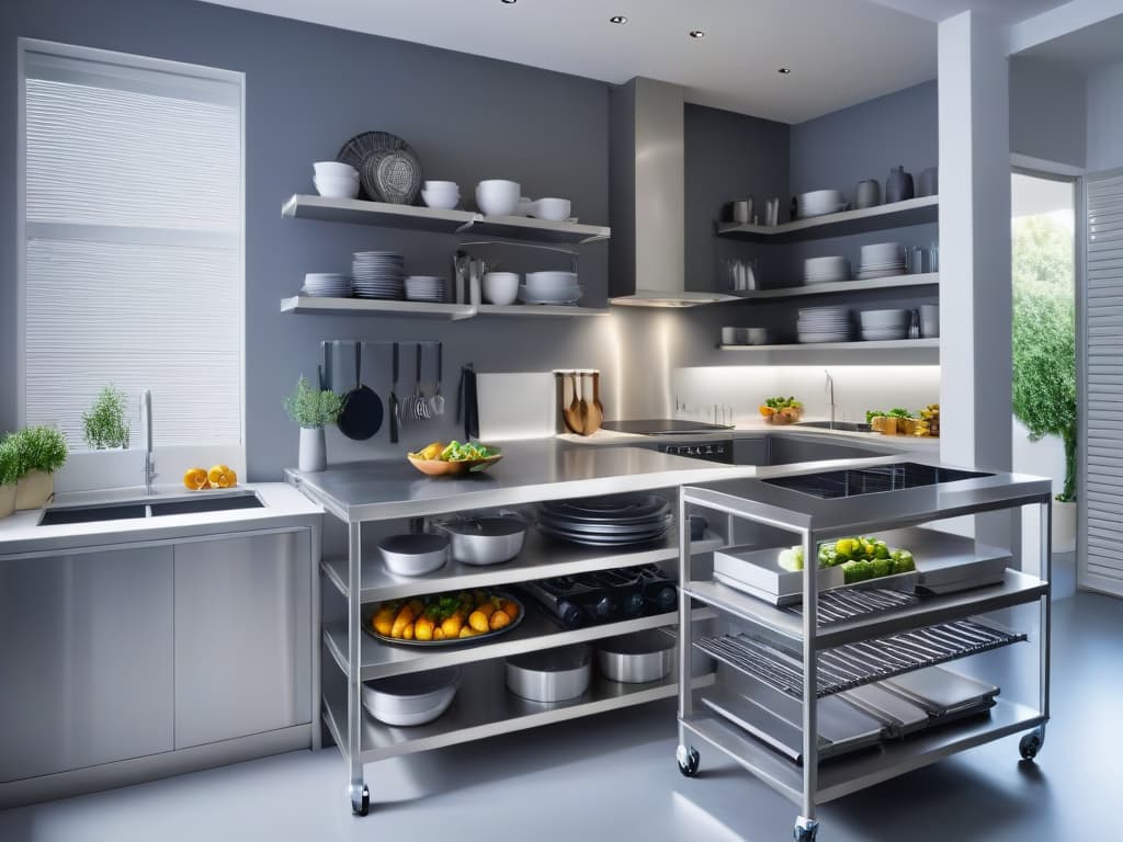  An ultradetailed illustration of a sleek, modern kitchen with stainless steel countertops and shelves filled with various sizes and shapes of cooling racks and trays neatly organized. The lighting is soft, highlighting the reflective surfaces and emphasizing the professional and organized atmosphere of the space. hyperrealistic, full body, detailed clothing, highly detailed, cinematic lighting, stunningly beautiful, intricate, sharp focus, f/1. 8, 85mm, (centered image composition), (professionally color graded), ((bright soft diffused light)), volumetric fog, trending on instagram, trending on tumblr, HDR 4K, 8K