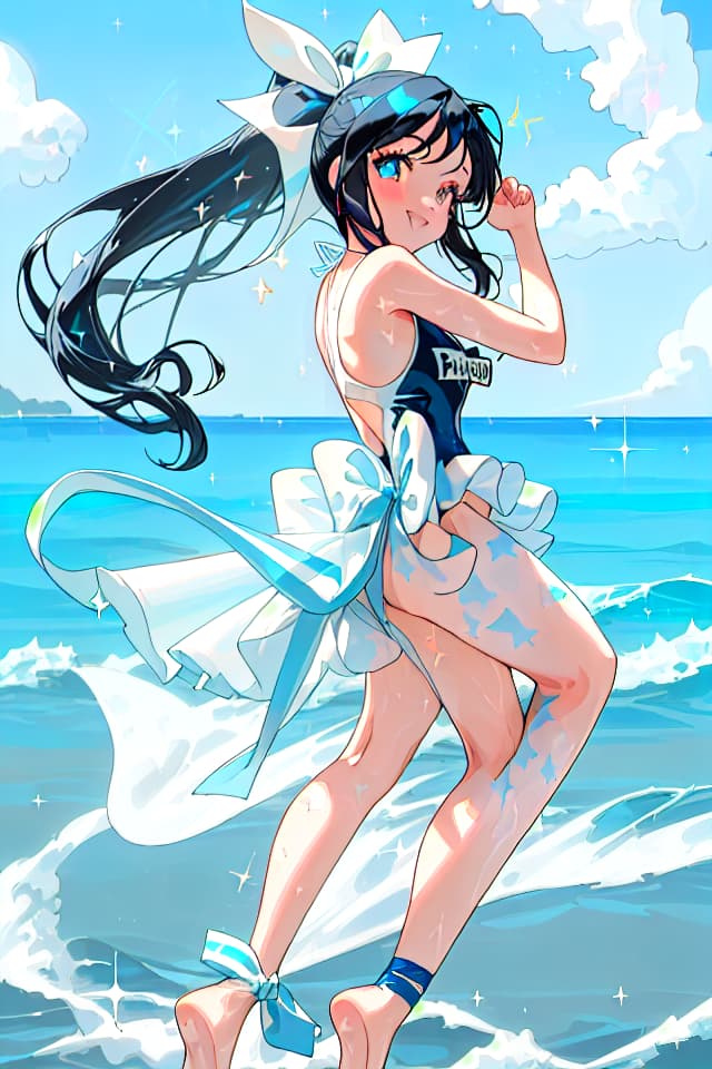  Masterpiece,one girl,cute,black glossy hair color,delicate hair color,ponytail,swaying hair,(((sparkling delicate ☆ eyes))),happy smiling,looking back,(((swimsuit: blue and white colors,with ribbon)))perfect proportions,beach,palm,sheet of spray,painted with pink,blue and white colors,super high quality,8K