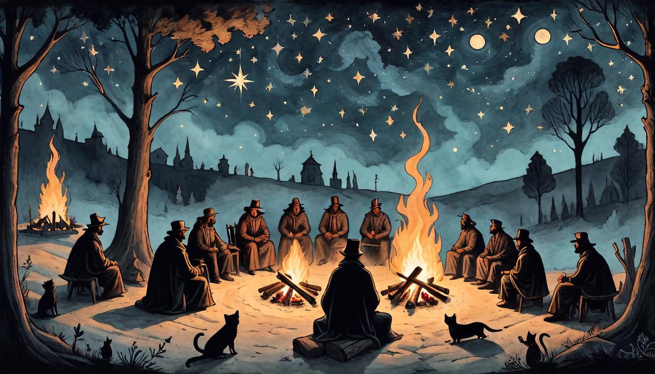  on parchment, surrealism+++, A gathering of silhouetted figures around a fire, sharing stories under a canopy of stars, showcasing the enriching power of community. Figures warmly lit by fire, stars twinkling above, fire crackling, evoking warmth, belonging.(mysterious, provocative, symbolic,muted color)+++