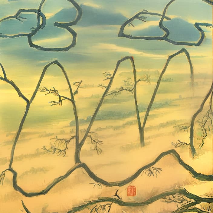  Chinese and distant, autu painting, mountains,clouds,ethereal mn colors, ancient trees,