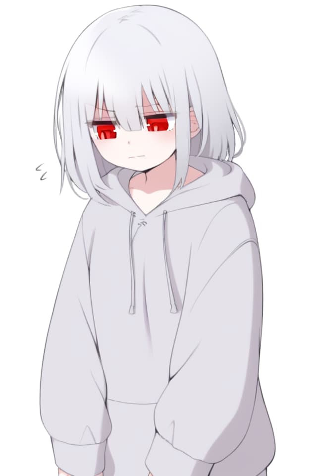  Silver hair long, girl, shy face, red eyes, hoodie