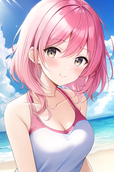  , Pink hair, Slicked hair, on the Beach, T-shirt, Happy face, 1girl, mature, cute, (centered in frame)+, natural hair color