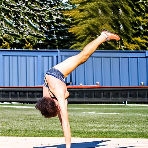  Ultra realistic side view of a young adult male person performing backflip, wearing boardshorts, eye level, spiky hair, hipster, Canon EOS R3, f/1.4, symmetrical balance, rule of thirds, (professionally color graded), (centered image composition).