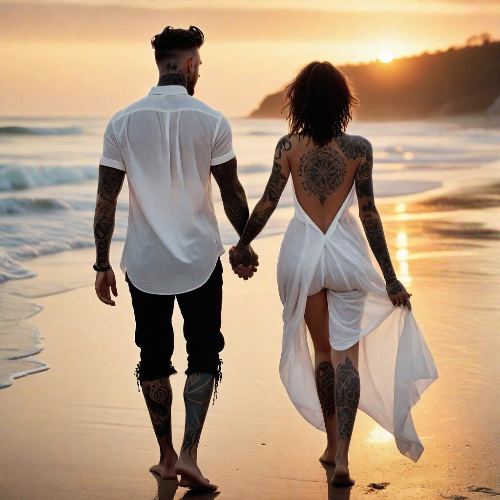  A handsome man with black tattoos and a cascading haircut holding hands with a model who is wearing a long white on down shirt and they are both walking on the beach facing the sunset by the beach when the waves touch them and see only the angle of their backs'