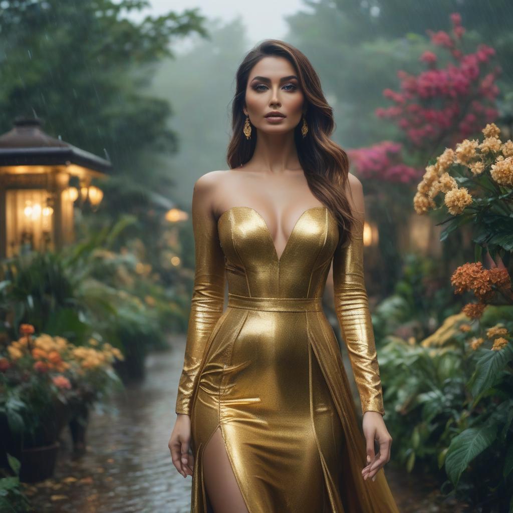  The girl in the gold dress. A very pretty girl. Garden of Eden. Rain. hyperrealistic, full body, detailed clothing, highly detailed, cinematic lighting, stunningly beautiful, intricate, sharp focus, f/1. 8, 85mm, (centered image composition), (professionally color graded), ((bright soft diffused light)), volumetric fog, trending on instagram, trending on tumblr, HDR 4K, 8K