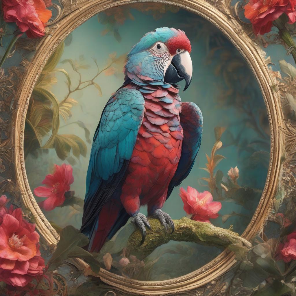  Oil Painting. Highly detailed image. Distant plan. Exotic and unrealistic aga parrot with bright plumage. Background:: surrealistic abstractionism with elements of bright exotic flowers and dangling lianas. Stylistics: fantasy abstraction, surrealism, abstractionism. In the manner of Fragonard, Kim Kiev, Mark Keatley, Van Gogh, Gauguin. High quality. hyperrealistic, full body, detailed clothing, highly detailed, cinematic lighting, stunningly beautiful, intricate, sharp focus, f/1. 8, 85mm, (centered image composition), (professionally color graded), ((bright soft diffused light)), volumetric fog, trending on instagram, trending on tumblr, HDR 4K, 8K