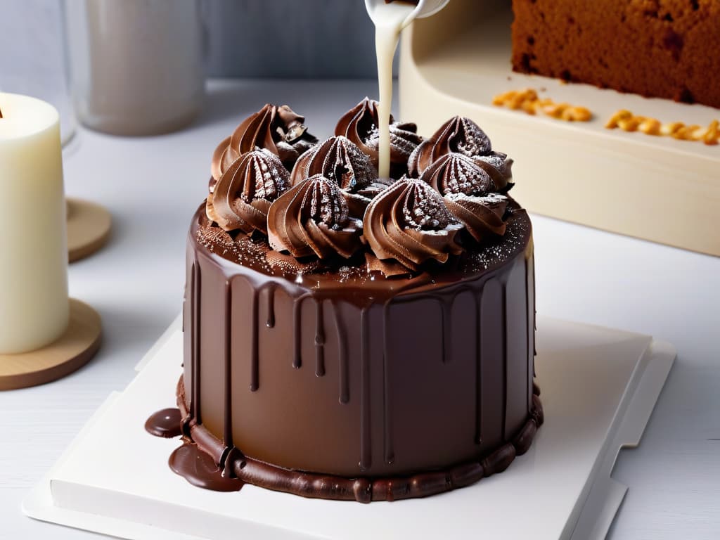  A closeup, photorealistic image of a decadent chocolate ganache being poured over a perfectly smooth and shiny chocolate cake. The ganache is thick and glossy, cascading down the sides of the cake in a mesmerizing swirl, capturing the moment of indulgent dessert preparation. The rich brown tones of the chocolate contrast beautifully with the sleek white cake stand, showcasing the luxurious and professional quality of the dessert being created. The lighting highlights every detail, from the velvety texture of the ganache to the intricate design of the cake, making viewers crave a taste of the final masterpiece. hyperrealistic, full body, detailed clothing, highly detailed, cinematic lighting, stunningly beautiful, intricate, sharp focus, f/1. 8, 85mm, (centered image composition), (professionally color graded), ((bright soft diffused light)), volumetric fog, trending on instagram, trending on tumblr, HDR 4K, 8K