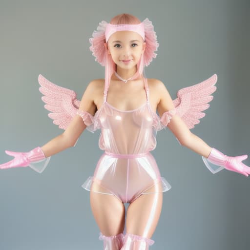  very beautiful angel,oiled shiny, light pink vinyllatex very transparent romper, gloves, long socs with ruffles and socs with belts,bathroom area,