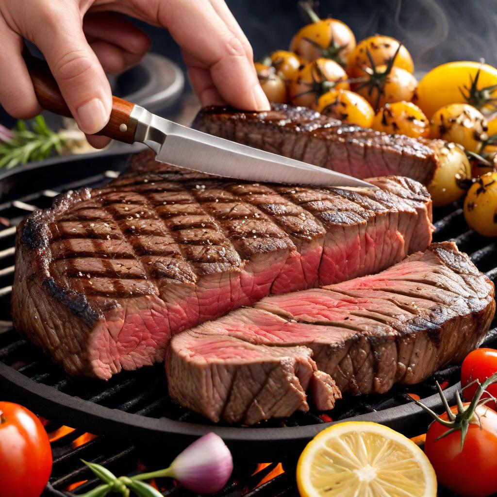  A step-by-step infographic on how to BBQ steak. Include images representing the key points like choosing the right cut, preparing the steak, seasoning, preheating the grill, oiling the grates, grilling the steak, checking the temperature, resting the steak, and serving it sliced. Each step should have an accompanying illustration or icon that is clear and easy to understand, with a brief description below each image. hyperrealistic, full body, detailed clothing, highly detailed, cinematic lighting, stunningly beautiful, intricate, sharp focus, f/1. 8, 85mm, (centered image composition), (professionally color graded), ((bright soft diffused light)), volumetric fog, trending on instagram, trending on tumblr, HDR 4K, 8K