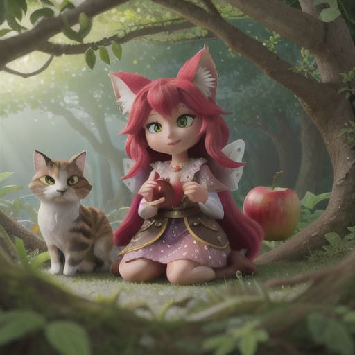  "Create an artwork showcasing a unique, mystical forest filled with apple trees that have fruits changing colors daily. Render the main characters, Sara the cat and Eileen the fox, as typical representatives of their species, displaying characteristics of a cunning cat and clever fox. Show them enjoying their habitat – perhaps by gazing at or reaching for the color-shifting apples. Make sure to add some mysterious fairy-like creatures hinted as fruit fairies which represent the protectors of nature, and make them seem magical and small. The general mood of the artwork should be fantasy-like, presenting a vibrant and imaginative world. The color palette should be rich and diverse, emphasizing the phenomenon of changing colors in the forest hyperrealistic, full body, detailed clothing, highly detailed, cinematic lighting, stunningly beautiful, intricate, sharp focus, f/1. 8, 85mm, (centered image composition), (professionally color graded), ((bright soft diffused light)), volumetric fog, trending on instagram, trending on tumblr, HDR 4K, 8K