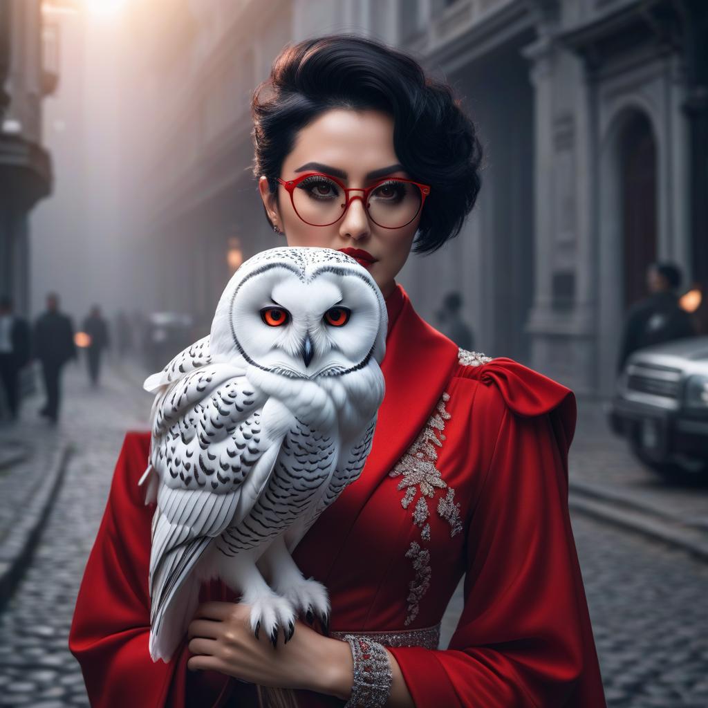  A girl with red glasses and short black hair is holding a white owl on her shoulders. hyperrealistic, full body, detailed clothing, highly detailed, cinematic lighting, stunningly beautiful, intricate, sharp focus, f/1. 8, 85mm, (centered image composition), (professionally color graded), ((bright soft diffused light)), volumetric fog, trending on instagram, trending on tumblr, HDR 4K, 8K