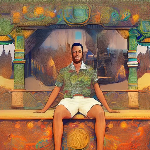 mdjrny-v4 style a man sitting on the beach wearing a hawaiian shirt