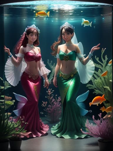  mermaids with ornamental fish in a aquarium, high res, detailed , hyperrealistic, high quality, highly detailed, perfect lighting, intricate, sharp focus, f/1. 8, 85mm, (centered image composition), (professionally color graded), ((bright soft diffused light)), trending on instagram, HDR 4K, 8K