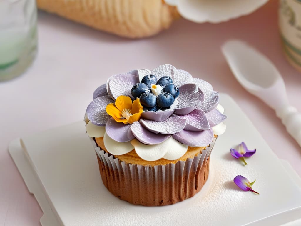  A closeup, ultradetailed image of a beautifully decorated vegan cupcake topped with colorful edible flowers, fresh berries, and a sprinkle of powdered sugar. The cupcake sits on a sleek, white ceramic plate against a soft pastel background, exuding an elegant and inviting aesthetic. hyperrealistic, full body, detailed clothing, highly detailed, cinematic lighting, stunningly beautiful, intricate, sharp focus, f/1. 8, 85mm, (centered image composition), (professionally color graded), ((bright soft diffused light)), volumetric fog, trending on instagram, trending on tumblr, HDR 4K, 8K