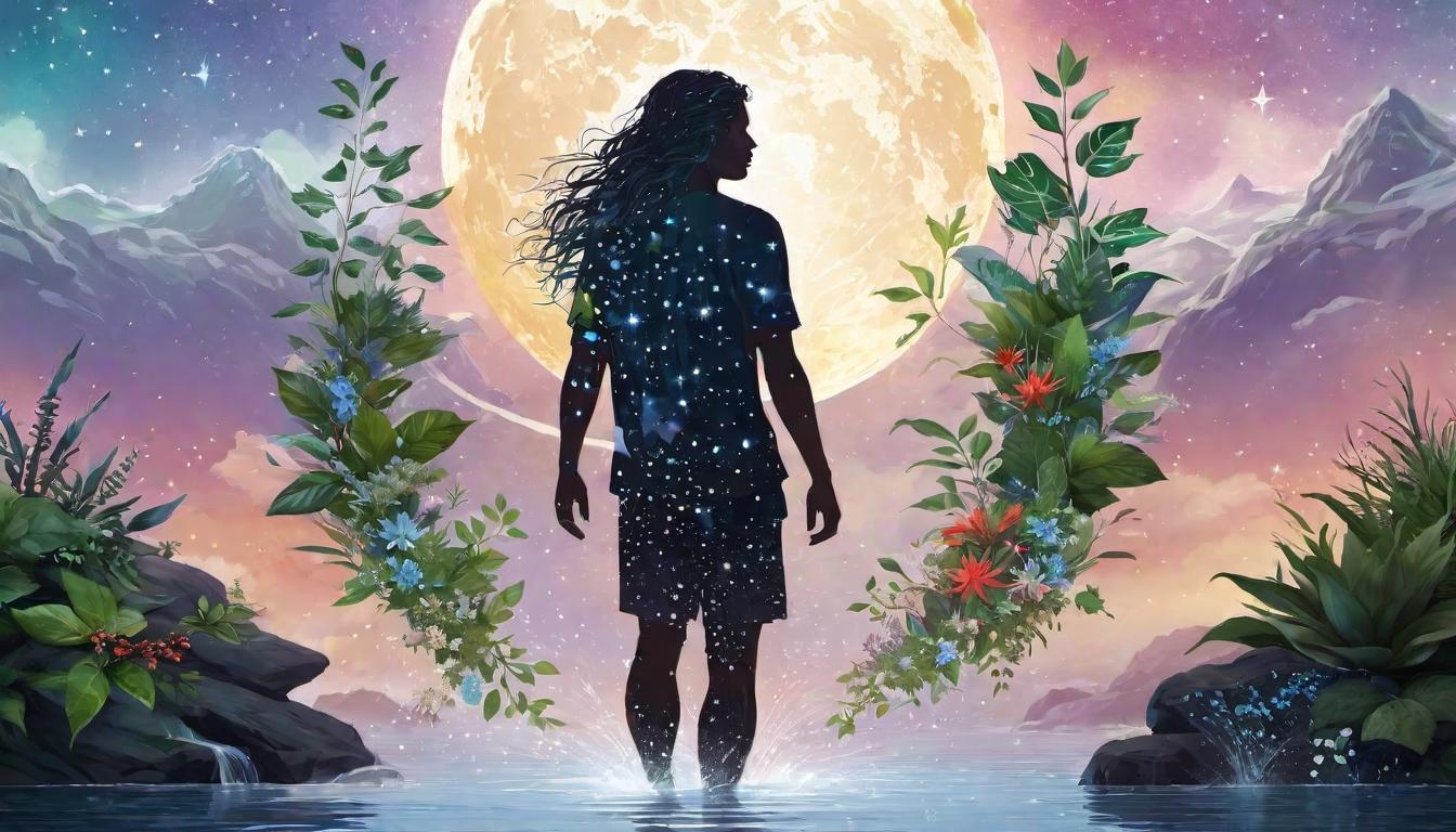  digital illustration A human silhouette filled with stars, plants, and flowing water, symbolizing the alignment of body, mind, and spirit, holistic, serene looking at viewer, dynamic pose, (intricate details, masterpiece, best quality)