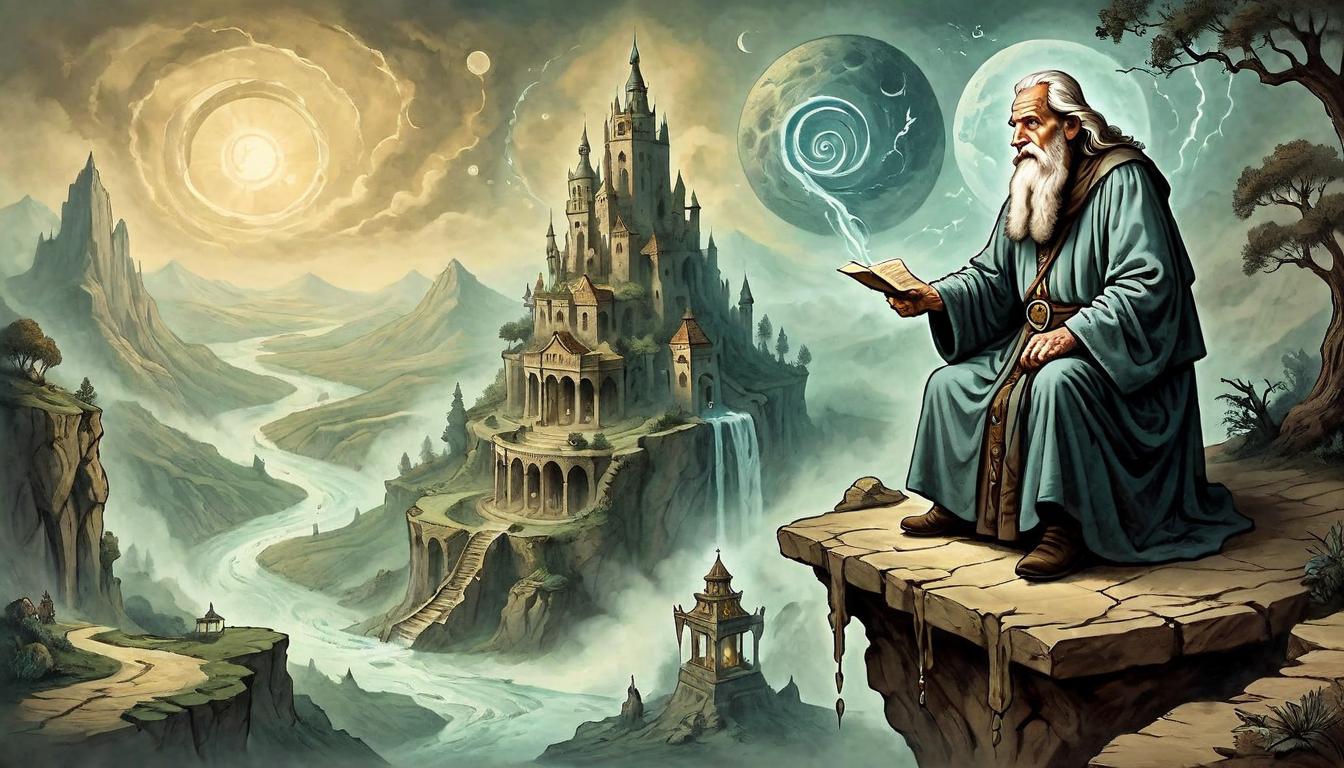  on parchment, surrealism+++, A wise old sage standing on a precipice, overlooking cascading timelines, temporal currents flowing beneath, ancient symbols around, timeless wisdom(mysterious, provocative, symbolic,muted color)+++