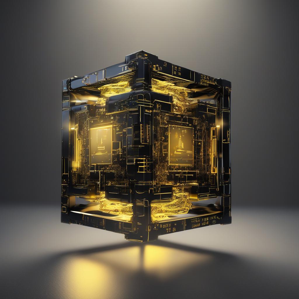  Quantum computer concept AI, correct form, digital world, golden cube, black background, light, rays, yellow rays, concept art, cybernetics, AI.