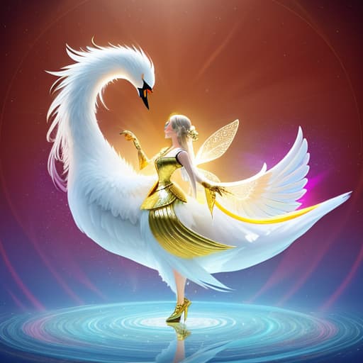  Create a hyper realistic image of a glossy shiny vibrant golden ornate fractal of a swan. The swan should have intricate fluorescent feather patterns with a multiple glossy shiny vibrant fluorescent rainbow color palette accented with touches of Red on its beak. In the center of this fractal swan, include a small figure resembling a fairy with delicate wings, dressed in a flowing gown. background white ultra HD 64k hyperrealism studio lightning light reflection, hyperrealistic, high quality, highly detailed, cinematic lighting, intricate, sharp focus, f/1. 8, 85mm, (centered image composition), (professionally color graded), ((bright soft diffused light)), volumetric fog, trending on instagram, HDR 4K, 8K