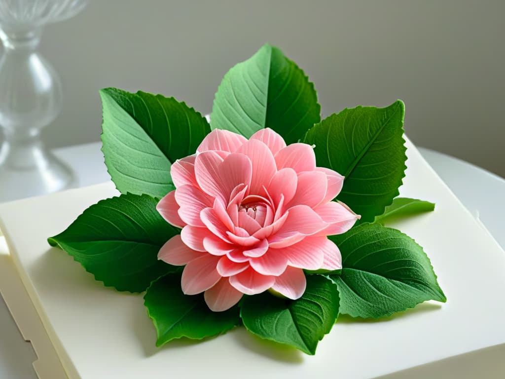  A closeup, ultradetailed image of a delicate sugar flower meticulously crafted with pastel pink petals and intricate green leaves, showcasing the artistry and precision that goes into creating edible decorations for desserts. The image captures the fine details of the petals' texture, the subtle shading of colors, and the overall ethereal beauty of the sugar flower, exemplifying the elegance and sophistication of edible decorations. hyperrealistic, full body, detailed clothing, highly detailed, cinematic lighting, stunningly beautiful, intricate, sharp focus, f/1. 8, 85mm, (centered image composition), (professionally color graded), ((bright soft diffused light)), volumetric fog, trending on instagram, trending on tumblr, HDR 4K, 8K