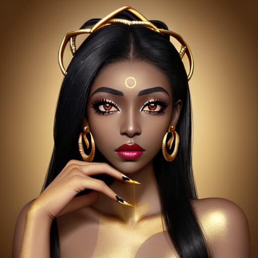  Beauty woman painted black skin color body art gold makeup lips eyelids fingertips nails gold color paint professional gold makeup