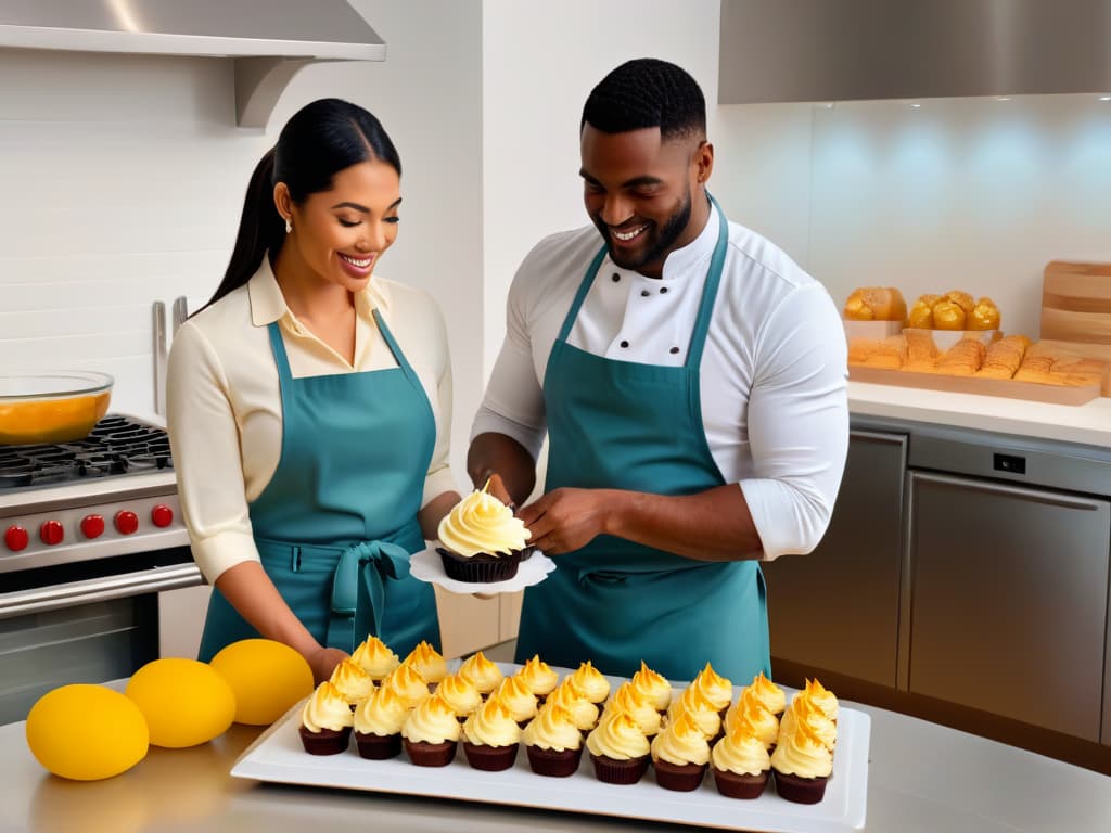  An ultradetailed image of a diverse group of people with different food intolerances, joyfully baking and decorating a variety of colorful and intricately designed cupcakes in a bright, modern kitchen. Each person is focused and engaged, showcasing a range of emotions from concentration to delight, as they work together harmoniously. The kitchen is equipped with stateoftheart baking tools and ingredients, all neatly organized in the background, adding a touch of sophistication to the scene. The image captures the essence of teamwork, inclusivity, and creativity in the world of inclusive baking. hyperrealistic, full body, detailed clothing, highly detailed, cinematic lighting, stunningly beautiful, intricate, sharp focus, f/1. 8, 85mm, (centered image composition), (professionally color graded), ((bright soft diffused light)), volumetric fog, trending on instagram, trending on tumblr, HDR 4K, 8K