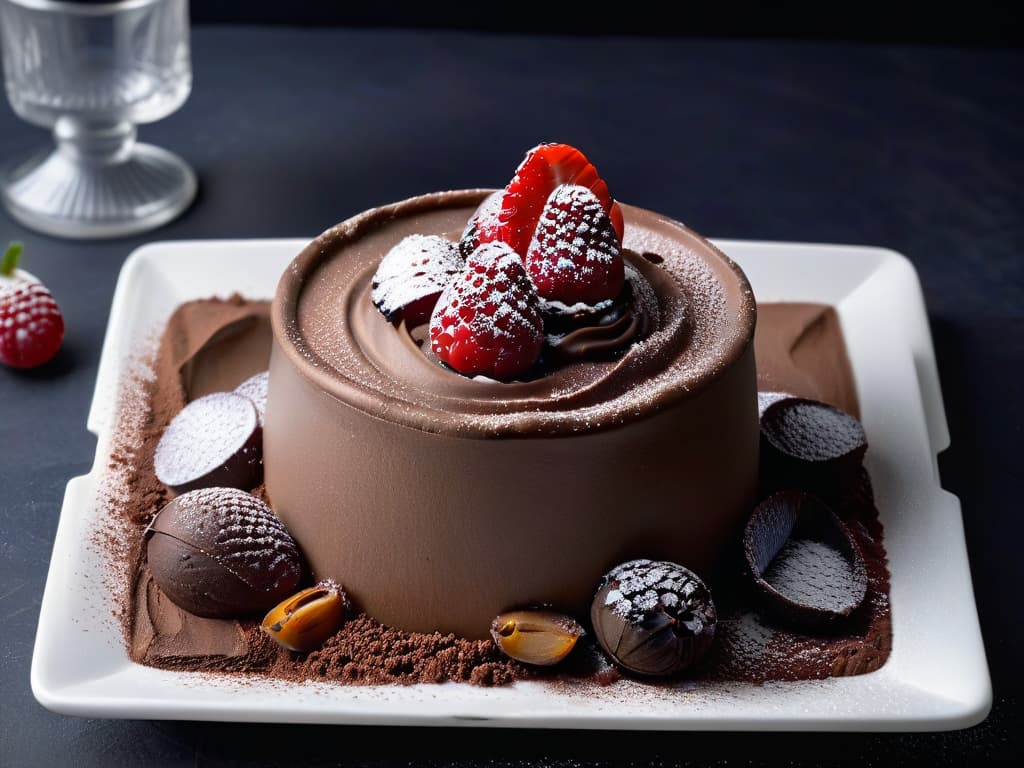  A closeup, ultradetailed photograph of a decadent chocolate avocado mousse in a pristine white ceramic bowl, garnished with a dusting of cocoa powder and a single ripe raspberry on top, set against a minimalist, matte black backdrop. The rich, creamy texture of the mousse is evident, with light reflecting off its smooth surface, creating an inviting contrast that evokes a sense of indulgence and sophistication. hyperrealistic, full body, detailed clothing, highly detailed, cinematic lighting, stunningly beautiful, intricate, sharp focus, f/1. 8, 85mm, (centered image composition), (professionally color graded), ((bright soft diffused light)), volumetric fog, trending on instagram, trending on tumblr, HDR 4K, 8K