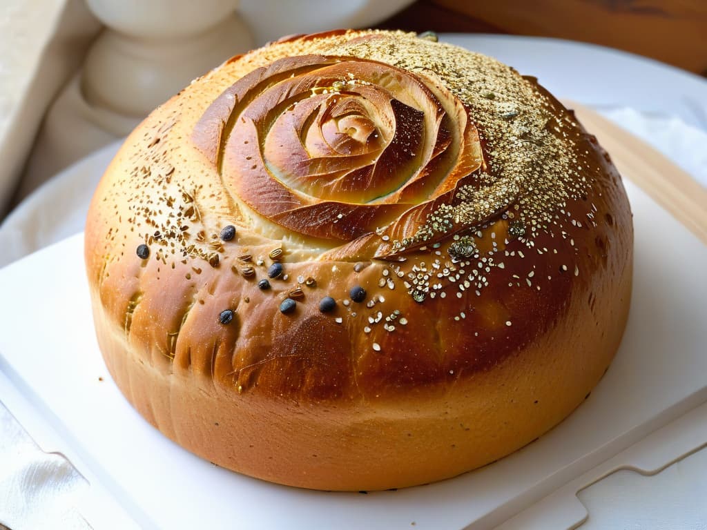  An ultradetailed closeup image of freshly baked bread with golden crust, sprinkled with a generous amount of poppy seeds. The seeds glisten under soft, natural lighting, showcasing their texture and enhancing the rustic allure of the loaf. Each individual seed is sharply defined, creating a mesmerizing pattern against the warm tones of the bread. The minimalistic composition highlights the beauty and simplicity of using poppy seeds in baking, evoking a sense of artisanal craftsmanship and culinary artistry. hyperrealistic, full body, detailed clothing, highly detailed, cinematic lighting, stunningly beautiful, intricate, sharp focus, f/1. 8, 85mm, (centered image composition), (professionally color graded), ((bright soft diffused light)), volumetric fog, trending on instagram, trending on tumblr, HDR 4K, 8K