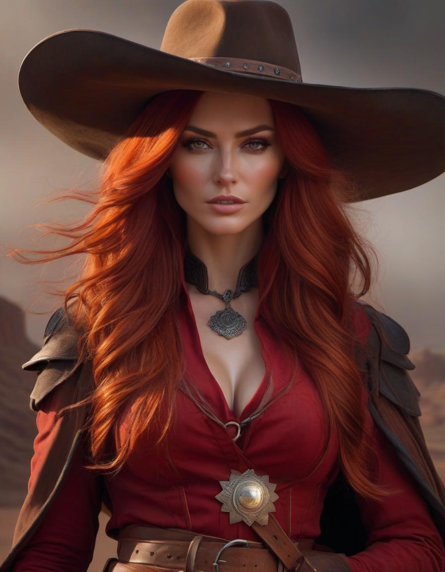  expressionist Wild west gunslinger, female, long red hair, beautiful face, wild west outlaw, portrait, clear details, crisp quality, cartoon style, art by artgerm, art by wlop . raw, emotional, dynamic, distortion for emotional effect, vibrant, use of unusual colors, detailed hyperrealistic, full body, detailed clothing, highly detailed, cinematic lighting, stunningly beautiful, intricate, sharp focus, f/1. 8, 85mm, (centered image composition), (professionally color graded), ((bright soft diffused light)), volumetric fog, trending on instagram, trending on tumblr, HDR 4K, 8K