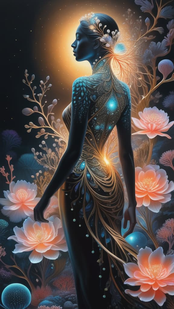  photo RAW, (Ultra detailed illustration of a person lost in a magical world of wonders, glowy, bioluminescent flora, incredibly detailed, pastel colors, art by Mschiffer, night, bioluminescence, ultrarealistic, hyperrealistice, hyperdetailed: shiny aura, highly detailed, black pearls, gold and coral filigree, intricate motifs, organic tracery, Kiernan Shipka, Januz Miralles, Hikari Shimoda, glowing stardust by W. Zelmer, perfect composition, smooth, sharp focus, sparkling particles, lively coral reef colored background Realistic, realism, hd, 35mm photograph, 8k), masterpiece, award winning photography, natural light, perfect composition, high detail, hyper realistic, add depth, water background, (Hyperdetailed,hyper realistic background:1.