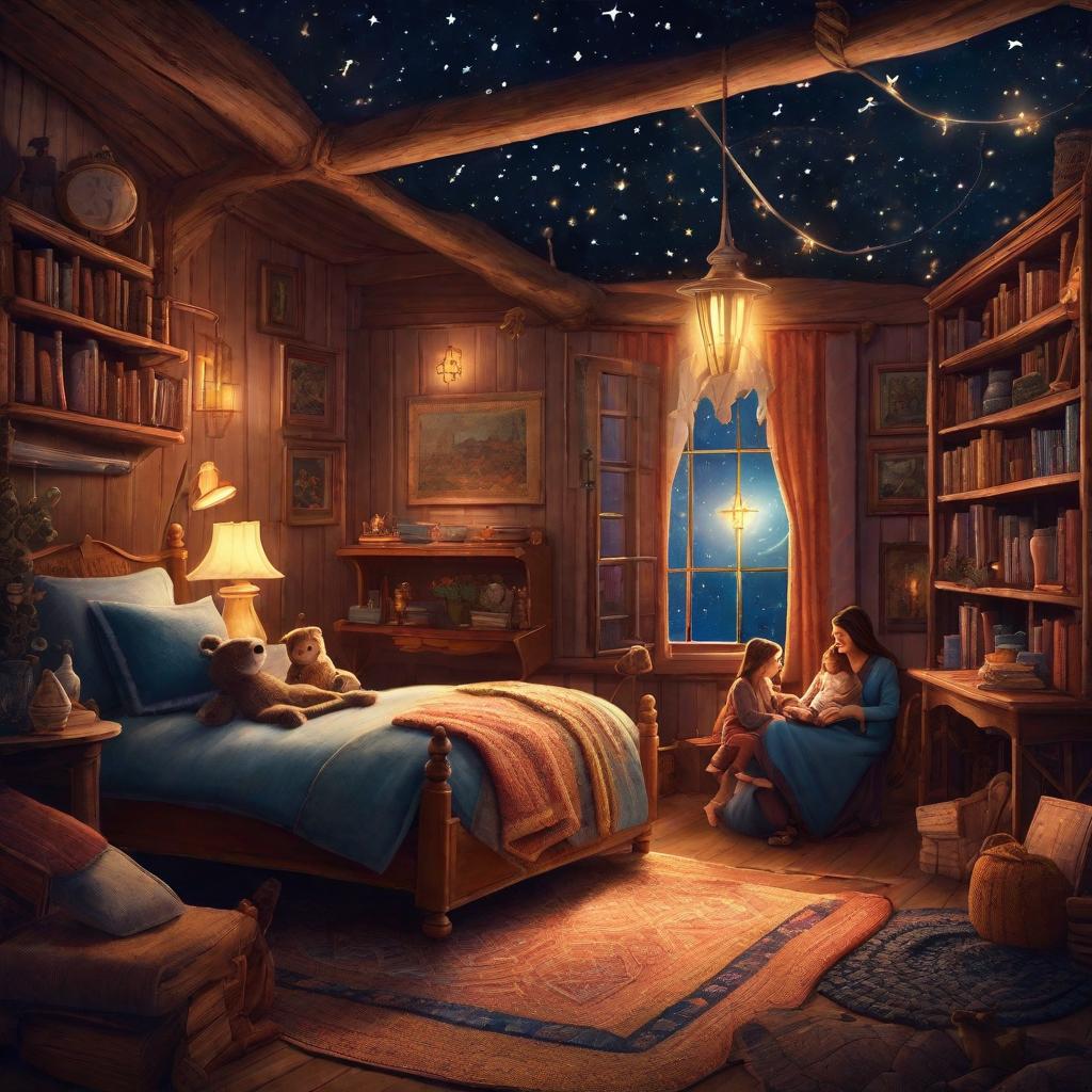  Prompt: "Ilrate a whimsical, -friendly nighttime scene inside a cozy room. In the center of the image, a mother and her are snuggly tucked into with a magical storybook opened in front of them. The ambiance around them transforms into a magical starry night sky, and their blanket morphs into a vint sailing ship, heading towards a mysterious, glowing island visible in the distance. On the island, various friendly and animals are visible - some are king out from behind the trees and others ly froing by the shore. Bewildering glow comes from the center of the island with a dazzling stone at the core, causing a of multicolored light. Among everyone in the scene, the island's inhabitants and hyperrealistic, full body, detailed clothing, highly detailed, cinematic lighting, stunningly beautiful, intricate, sharp focus, f/1. 8, 85mm, (centered image composition), (professionally color graded), ((bright soft diffused light)), volumetric fog, trending on instagram, trending on tumblr, HDR 4K, 8K