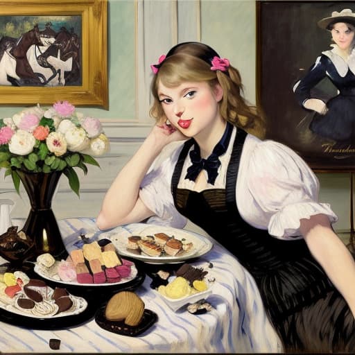  Happy beautiful Taylor Swift with pink cheeks and streaks of sunshine, gazing at a piece of fine dark chocolate, painted in the style of Édouard Manet. Foreground has a plate of fine dark chocolates on a coffee table. Background has a thoroughbred horses, white horse fences, limestone fences