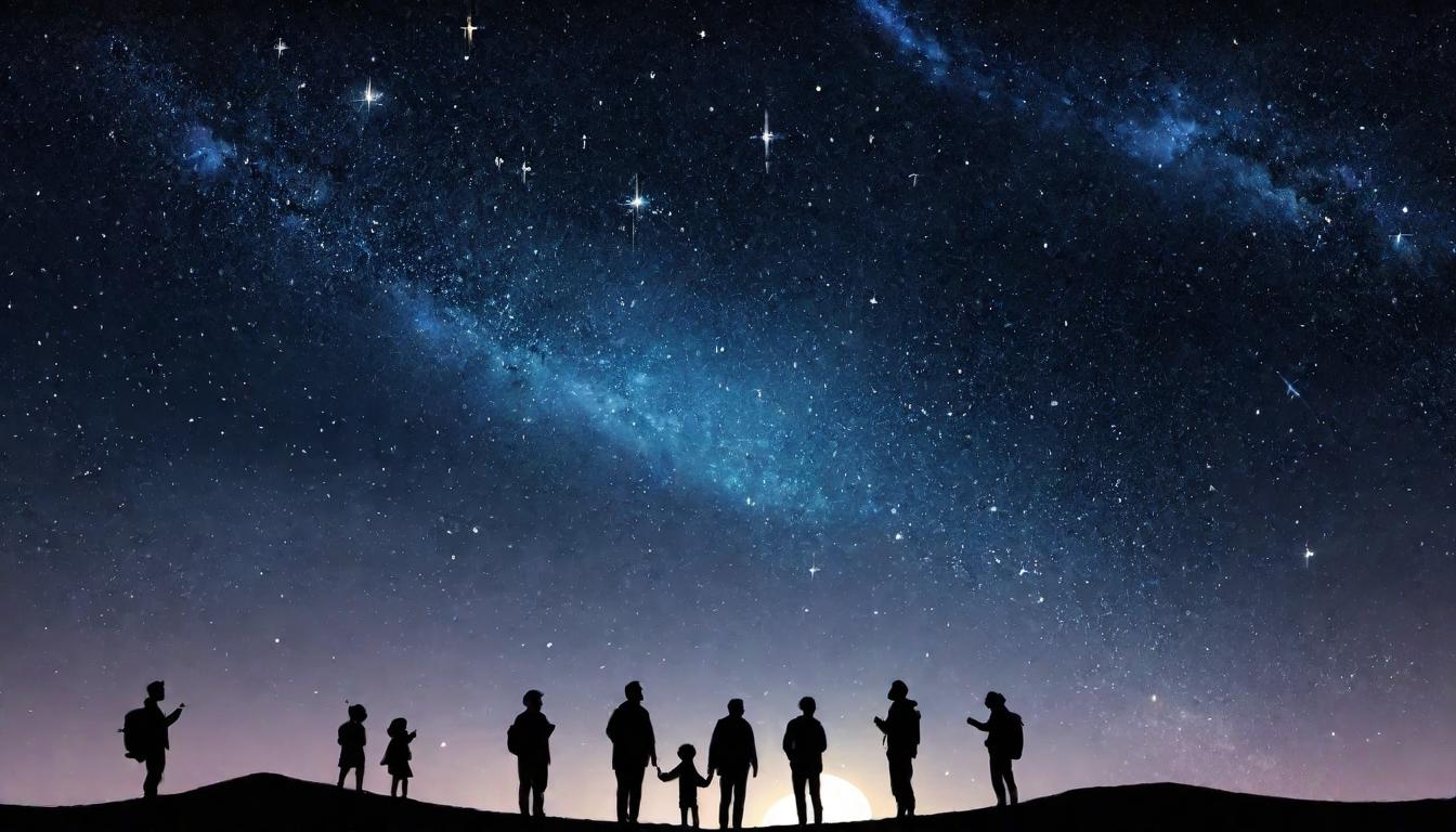  digital illustration, A group of individuals, diverse in appearance, standing under a starlit sky, each reaching towards a distinct star, stars connected by delicate lines to their foreheads, first contact, communion, celestial guidance, stars as symbols of guides, looking at viewer, dynamic pose, (intricate details, masterpiece, best quality)