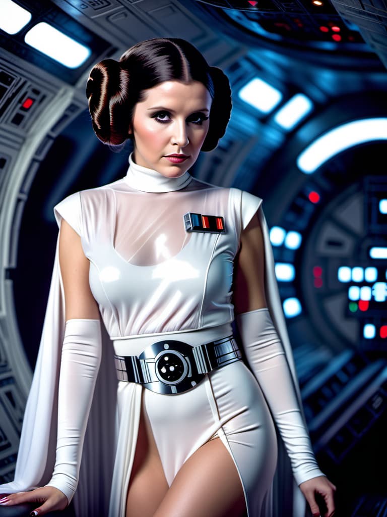  Princess Leia Organa inside Millennium Falcon posing body shoot (full body covered transparent tight white rubber), sideways glance, (highly detailed skin texture: 1.2), white high-heeled shoes, bokeh, pastel, vignette, low contrast