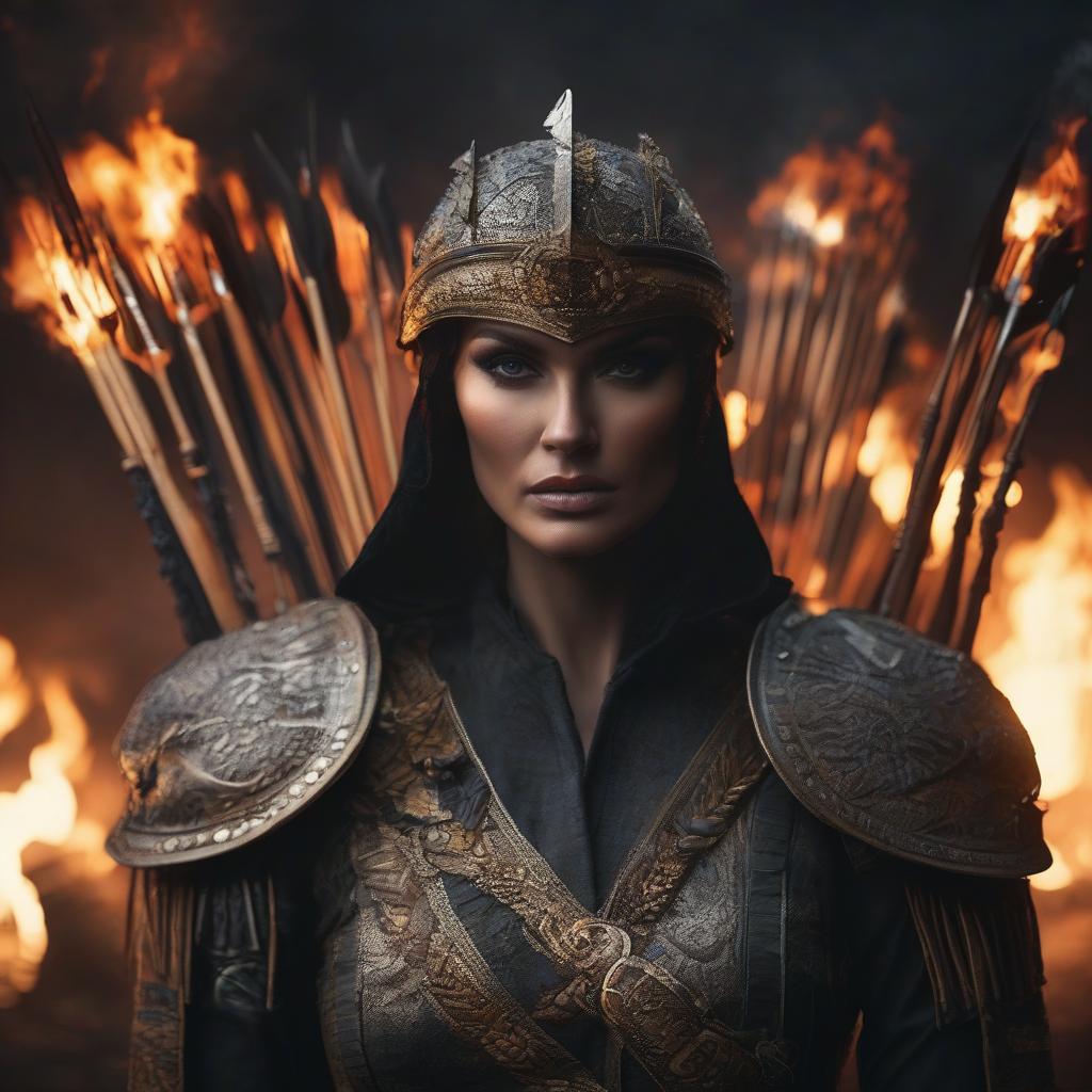  On a black background burning arrows. hyperrealistic, full body, detailed clothing, highly detailed, cinematic lighting, stunningly beautiful, intricate, sharp focus, f/1. 8, 85mm, (centered image composition), (professionally color graded), ((bright soft diffused light)), volumetric fog, trending on instagram, trending on tumblr, HDR 4K, 8K