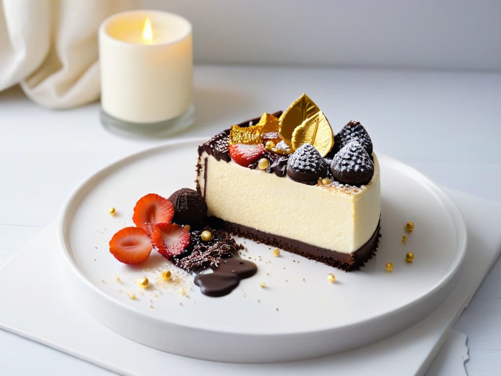  A closeup, ultradetailed image of a decadent slice of black truffle cheesecake garnished with delicate shavings of dark chocolate and sprinkled with edible gold flakes. The cheesecake rests on a pristine white plate, showcasing a perfect balance of creamy texture and rich flavors. The elegant presentation is highlighted by a subtle play of light and shadow, emphasizing the luxurious ingredients and exquisite craftsmanship of this exclusive dessert. hyperrealistic, full body, detailed clothing, highly detailed, cinematic lighting, stunningly beautiful, intricate, sharp focus, f/1. 8, 85mm, (centered image composition), (professionally color graded), ((bright soft diffused light)), volumetric fog, trending on instagram, trending on tumblr, HDR 4K, 8K