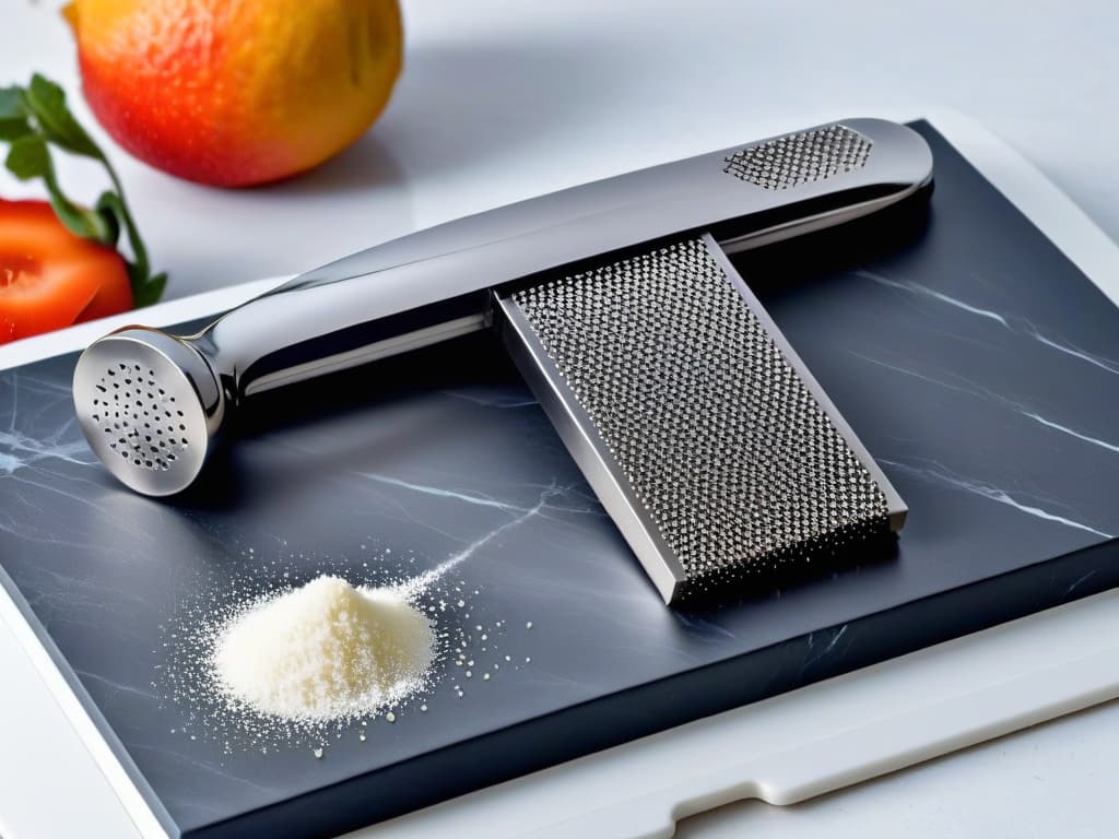  A highresolution, minimalist image of a sleek stainless steel zester and grater set, placed on a marble countertop with soft natural lighting. The focus is on the intricate details of the zester's sharp blades and the ergonomic design of the handle, showcasing its professional quality and elegant simplicity. hyperrealistic, full body, detailed clothing, highly detailed, cinematic lighting, stunningly beautiful, intricate, sharp focus, f/1. 8, 85mm, (centered image composition), (professionally color graded), ((bright soft diffused light)), volumetric fog, trending on instagram, trending on tumblr, HDR 4K, 8K