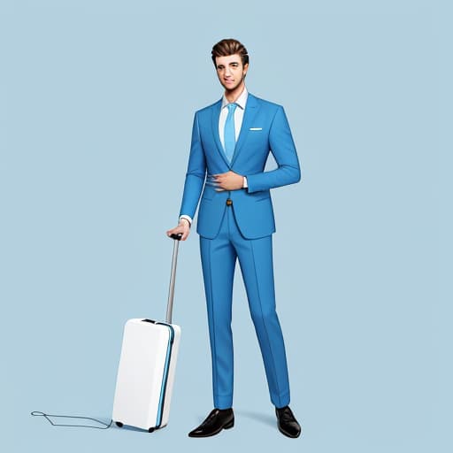  Generates a handsome, stylish business standing male figure with a light blue background fill,